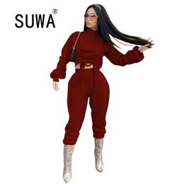 Wholesale Fall Winter Clothes For Woman Bandage Long Sleeve Pullover Tunic High Waist Pants Cool Girl Two Piece Outfits 210525