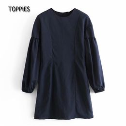 Casual Lantern Sleeve Mini Dress Vintage Navy Blue Slim Female Blouses O-Neck Solid Colour 210421