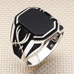 Rectangle Black Onyx Stone Men Silver Ring With Machete Motif Made in Turkey Solid 925 Sterling 211217