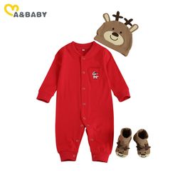 0-18M Christmas born Infant Baby Boy Girl Jumpsuit Cute Cartoon Deer Long Sleeve Romper Hat Shoes Xmsa Outfits 210515