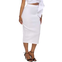 Slim White Women Pencil Skirt Elastic High Waist Mid-calf Sheath Bodycon Jupes Ladies All Match Classy Falads Plus Size Skirts 210527