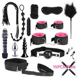 15pcs Pack BDSM Bondage Leather Restraints Adult Sex Toys Fetish Role Play Bed Game Tool for Couple Y0406