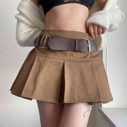 Brown Y2k Mini Skirt For Women With Belt Chic Summer Korean Fashion High-Waisted Short Pleated Skirts Streetwear Button 210415