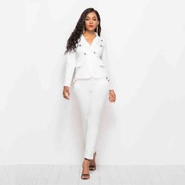Autumn Winter Business Women Elegant Suit 2 Piece Set White Blazer Coat Pencil Slim Long Pant Office Lady Jacket Female Outfits 210507