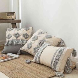 Decorative Pillow Case 45*45 Nordic Cotton Canvas Morocco Tufted Tassel Sofa Seat Car Bed Cushion Cover Home Art Autumn Decor 210401