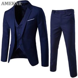 Men's 3 Pieces Black Elegant Suits With Pants Brand Slim Fit Single Button Party Formal Business Dress Suit Male Set X0909