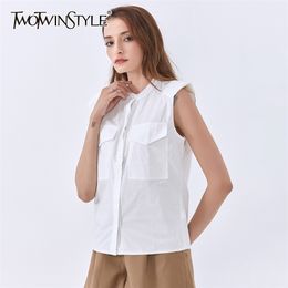 White Minimalist Shirt For Women Stand Collar Sleeveless Basic Solid Blouse Female Fashion Clothing Summer 210524