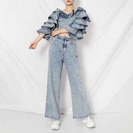 Vintage Cascading Ruffle Patchwork Design Denim Shirts Summer Casual Square Collar Women Tops Fashion Silm Blouses 210525