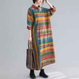 Oversized Women Loose Casual Dress New Autumn Korean Vintage Style Turtleneck Striped Female Cotton Long Dresses S2200 210412