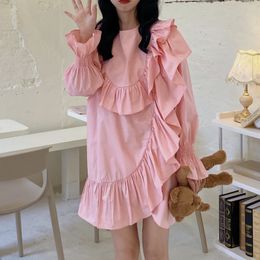 [EWQ] Spring New Ladies Korean Chic Retro Sweet O Neck Solid Ruffled Irregular Long-sleeved casual Shirt Dress Women 210423