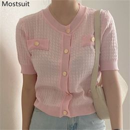 Vintage Korean Knitted Cardigan Tops Women Summer Short Sleeve Single-breasted O-neck Buttons Sweater Elegant Sweet Jumpers 210513