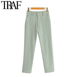 TRAF Women Chic Fashion Office Wear Straight Pants Vintage High Waist Zipper Fly Pockets Female Ankle Trousers Mujer 210415