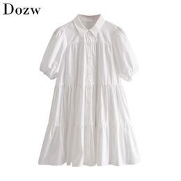 Casual White Mini Dress Women Lantern Short Sleeve Female Fashion Pleated Dress Turn Down Collar Plus Size Ladies Dresses Robe 210414