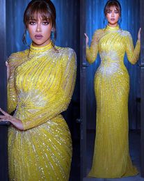 2021 Plus Size Arabic Aso Ebi Yellow Luxurious Sparkly Prom Dresses Beaded Sequined Sheath Evening Formal Party Second Reception Gowns ZJ205