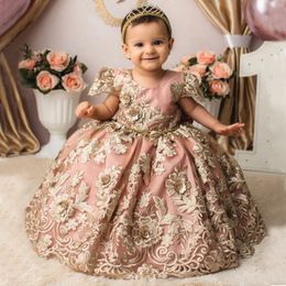 Adorable Lace Ball Gown Flower Girl Dresses For Wedding With Bow Sash Beaded Toddler Pageant Gowns 3D Appliqued Backless First Communion Dress