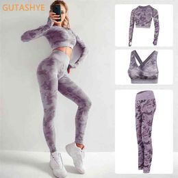 3PCS/Set Camouflage Yoga Set Women Seamless Fitness Bra Sports High Waist GYM Camo leggings Pants Suits Workout 210802