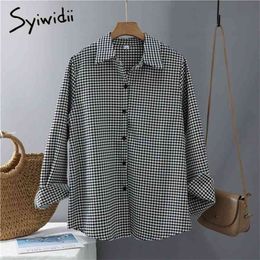 Syiwidii Houndstooth Shirts Women Tops Korean Fashion Long Sleeve Button Up Plaid Turn-down Collar Casual Blouses Cotton 210719