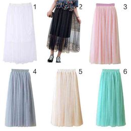 80CM Womens High Waist Three Layer Sheer Mesh Pleated Tulle Midi Long Tutu Skirt Sweet Solid Candy Colour Drape Swing Loose Dress G220309