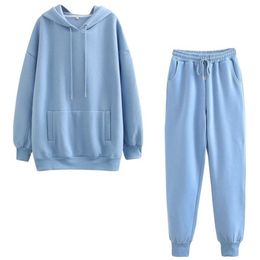 Two Piece Outfits for Women Winter Tracksuit on Fleece Oversize Long Sleeve Hoodies Sweatshirt Jogger Solid Warm Sport Suit 210728