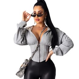 Solid Grey Hooded Crop Top Women's Corset Sweatshirt Batwing Long Sleeve Women Hoodies Sexy Autumn Fashion Female Clothes 210809