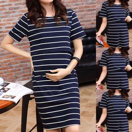 Strip Print Pregnancy Dress Summer Maternity Dress Women O-neck Short Sleeve Nursing Dress Maternity Clothes Q0713