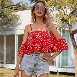 Cold Shoulder Floral Print Crop Blouse Women Tops Summer Holiday Style Boho Casual Spaghetti Strap Blouses Female 210510