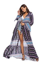 Women Beach Dress Boho Long Sleeve Summer High Split V-neck Sashes Maxi Dresses Plus Size Kaftan Ethnic Sarongs