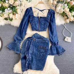 DEAT Autumn Long Flare Sleeve Square Collar Short Denim Top Mini Irregular Skirt Two Piece Set Women Outfits MK316 201012