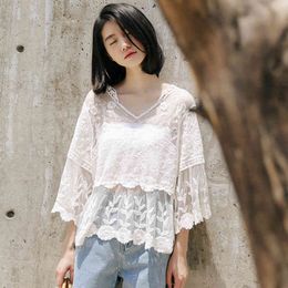 Summer Fashion Embroidered Lace Blouses Shirts Loose Women Shirt White V-neck Casual Chiffon Tops 176G7 210420