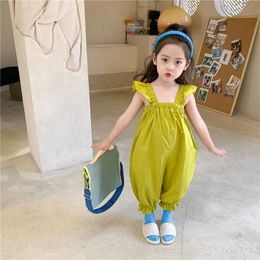 Summer Girls Solid Color Ruffles Jumpsuits Korean style Cotton Children Elastic All-match Bodysuits 210615