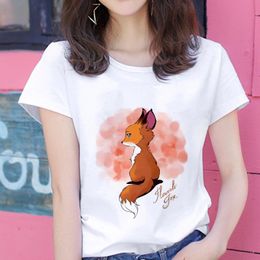 Kawaii Fox Printed T Shirt Women Hipster Cute T-shirt Female Fashion Seasons Harajuku White 0-neck Tops Clothing