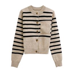 Autumn Sweater Women O Neck Long Sleeve Pocket Striped Cardigan Coat Casual Retro Wild Contrast Knitted Top Pull Femme 210610