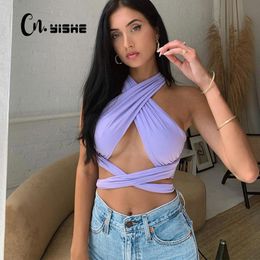 CNYISHE Lace Up Cross Halter Sexy Tops for Women T-shirts Spring Streetwear Basic Shirts Casual Backless Sleeveless Straps Tops 210419