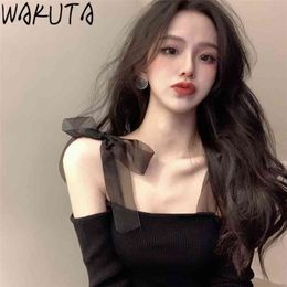 WAKUTA Korean Girls Knitted Tops Mesh Bow Tie Sexy Off Shoulder Black Pullovers Skinny Elegant Short Jumper Womens Clothes 210917