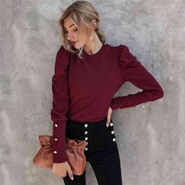 Elegant puff sleeve blouse shirt Women fashion tops autumn winter Female office lady button 210427