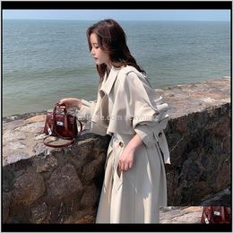 Coats Womens Clothing Apparel Drop Delivery 2021 Spring Autumn Women Long Trench Double Breasted Belted Dress Loose Coat Office Lady Outerwea