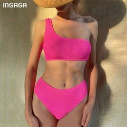 INGAGA Sexy Bikinis One Shoulder Swimwear Women's Swimsuit Bathing Suits Ribbed Biquini Summer Beach Solid Bikini Set 210722