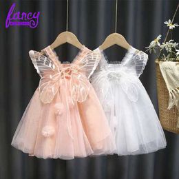 Fancy Childhood Pink White Sleeveless Tulle Butterfly Toddler Girl Party Dresses Elegant Summer Cute Clothes for Baby Girl Q0716