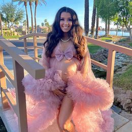 Dusty Pink Transparent Tulle Maternity Dresses for Photoshoot Long Sleeves Puffy Ruffled Summer Robes Prom Dress Evening Gowns Baby Shower