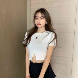 Summer Short Split fork reveal belly button Women T-shirt Sleeve Female Slim Sexy Tshirt Tops woman tshirts tops 210507