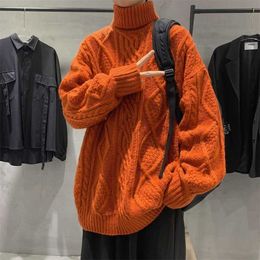 Orange Sweater Men Turtleneck Sweater Men High Neck Cable Knit Sweater Harajuku Vintage Hip Hop Streetwear Jumpers Men Clothes 211221