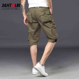 Jantour Male Shorts Multi Pocket Summer Loose Zipper Breeches Khaki Grey Short Pant Casual Cotton Black Long Mens Cargo Shorts H1210