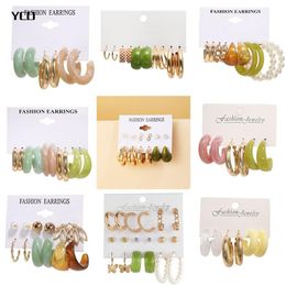 Hoop & Huggie YCD Fashion Colourful Acrylic Earrings Set For Women Gold Metal Pearl Jewellery Party Accessories