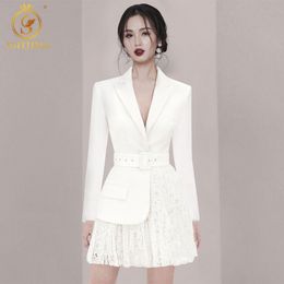 High End Autumn OL Style White Women Dress Elegant Lace Patchwork Female With Belt Business Vestido Da Festa 210520
