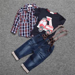 Conjuntos de ropa Hooyi 3pcs Boys Set Camisa a cuadros Camiseta Coche Pantalones Suspender Jeans Pantalones Traje Fuego Tops Tops TEE para pantalones para niños