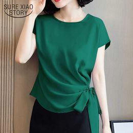 Spring Summer Silk Short-Sleeved Women's Blouse and Tops Office Lady Plus Size Solid Bow Shirts Women Blusas Mujer De Moda 9899 210528