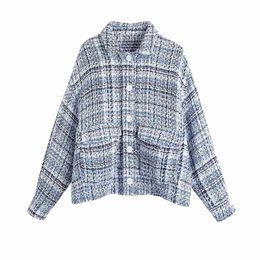 Women Oversized Casual Tweed Plaid Shirt Coat ZA Spring Loose Ladies Checked Overshirts Fashion Jacket Womens Tops 210521