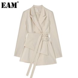 [EAM] Women Irregular Bandage Spliced Blazer Lapel Long Sleeve Loose Fit Jacket Fashion Spring Autumn 1DA710 211019
