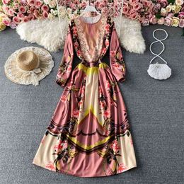 Spring European American High-waisted Large Vestidos Female Round Neck Print Temperament Midi Dress GK464 210506