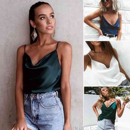 Summer Sexy Silk Stain Cami Women Casual Elegant Ladies Loose V Neck Lace SleevelVest Strappy Beach Tank Top X0507